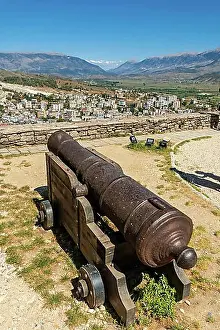 Mediaeval Prints: Cannon outside the fortress of the Ottoman castle of Gjirokaster or Gjirokastra. Albanian