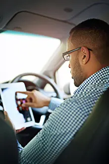 Network Prints: Car, driving and man with tablet screen for navigation
