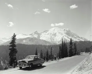 Stationary Prints: Car parked on a roadside, Mt Rainier, Chinook Pass Highway, Washington State, USA