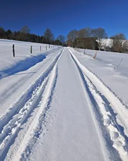 Diagonal Prints: Car Tracks in Snow, Wustensachsen, Rhon Mountains, Hesse, Germany