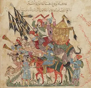 Manuscript Prints: Caravan of pilgrims in Ramleh (from a manuscript of Maqamat of al-Hariri) by Al-Wasiti