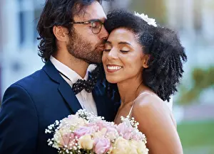 Husband Prints: Care, kiss and couple at wedding happy with romantic outdoor marriage event celebration with flowers