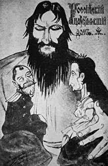Cartoon Prints: Caricature of Grigori Rasputin clutching Nicholas II and Tsarina Alexandra