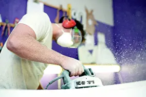 Artisan Prints: Carpentry, sander and man in workshop for manufacturing