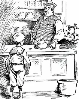 Cartoon Prints: A cartoon depicting a baker selling a stale loaf of bread to a young boy