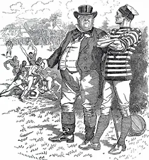 Works Prints: Cartoon depicting John Bull admonishing the Rugby Football Association for the roughness of their game