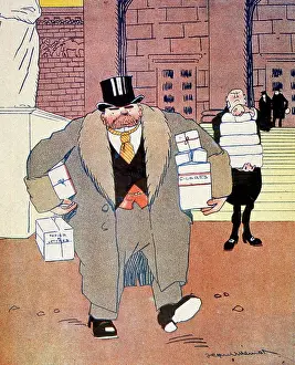 Cartoon Prints: cartoon depicting a wealthy French businessman leaving for a holiday but taking cigars and writing paper