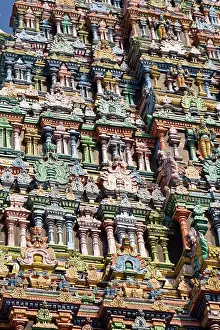 Carved Prints: Carved figures on a gopuram, Meenakshi Temple, Madurai, Tamil Nadu, India