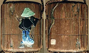 Samurai Prints: Case (Inrō) with Design of Samurai with Large Hat Beside a Weeping Willow 18th century Japan
