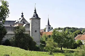 Benelux Prints: Castle farm, chateau-ferme and church at Falaen