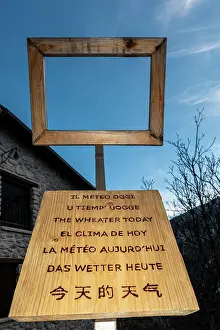 Weather Prints: Castrovalva, Italy A square signs says Weather today in multiple languages and points to the sky