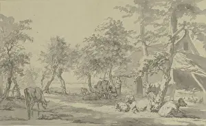 Cattle under trees near a farm