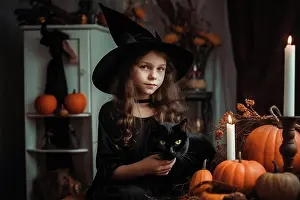 Schoolgirl Prints: Caucasian girl in witch costume with her cat at home. Generative AI