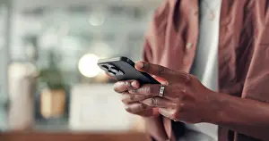 Network Prints: Cellphone, hands and man in office with networking