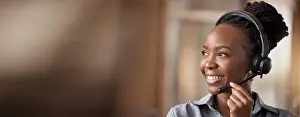 Mockup Prints: Call center, black woman and smile in contact us with CRM