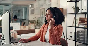 Talk Prints: Call center consultant, computer and woman at help desk for technical support