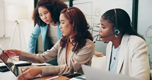 Advice Prints: Call center, mentor advice and women with laptop