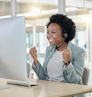 Call center, success and black woman consultant in the office in celebration for achievement