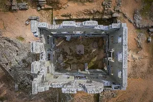 From The Sky Prints: Centum Cellas mysterious ancient tower drone aerial to above view in Belmonte