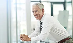 Balcony Prints: CEO, smile and mature businessman thinking of idea for sales growth