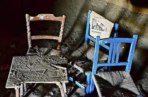 Newspaper Prints: Three chairs, blue chairs, chairs with newspaper