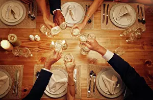 Drinks Prints: Champagne, glasses and cheers for celebration at a dinner for festive