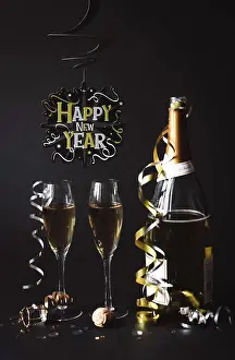 Cork Prints: Champagne and Happy New Year sign with black background
