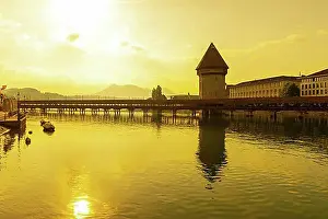 Landmarks Prints: Chapel Bridge (Kapellbrucke) in Golden Hour in Lucerne, Switzerland, Europe