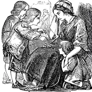 Kindness Prints: Charity - late 18th century boy gives charity to mother and child beggars