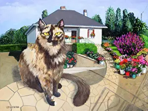 Pathway Prints: Charming cat in a vibrant garden setting, beautifully captured in Isy Ochoa's artwork