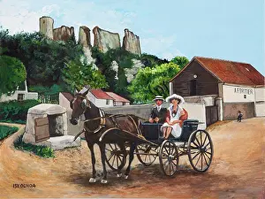 Realism Prints: Charming countryside scene with a horse-drawn carriage and historic ruins in the background