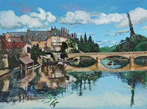 Impressionism Prints: Charming riverside scene with a historic bridge and serene reflections