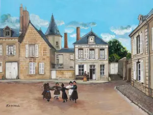 Street Scene Prints: Charming village scene with children playing in front of historic french architecture by Isy Ochoa