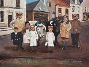 Realism Prints: Charming village scene with locals and cattle