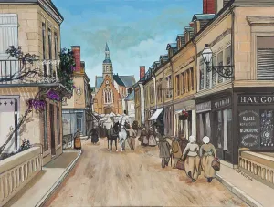 Street Scene Prints: Charming vintage street scene captures bustling life in a quaint european town by Isy Ochoa