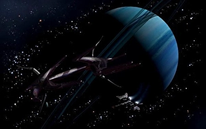 Illustration Prints: A chartered private corvette being intercepted by a strange alien craft
