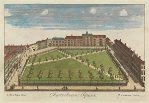 Eighteenth Century Prints: Charterhouse Square Eighteenth Century Hand Colored Engraving