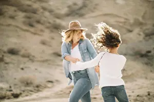 Daughter Prints: Cheerful blond woman in denim clothes