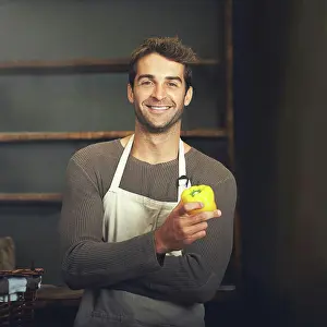 Chef Prints: Chef, bell pepper and portrait of man in kitchen with vegetables for vegetarian