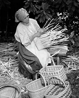 Weaving Prints: Cherokee woman weaving a basket