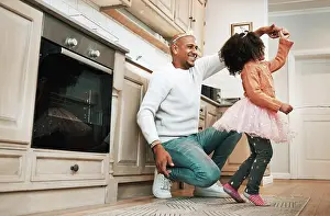 Ballet Prints: Child, ballet dance twirl and happiness of girl and father together bonding with dancing in the kitchen