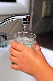 Frazier Prints: A child getting a glass of water from the kitchen faucet