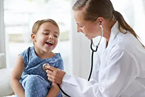 Doctors Prints: Child, happy pediatrician and stethoscope for healthcare consulting