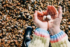People In Nature Prints: child holding sea shells in her hand on a sunny day in England