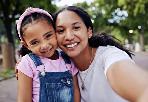 Selfie Prints: Child, mother and selfie portrait of a mom and girl in a park with a happy smile outdoor