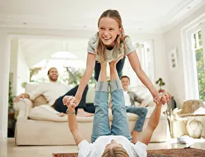 Lift Prints: Child, woman and playful lift in living room as parent for happiness