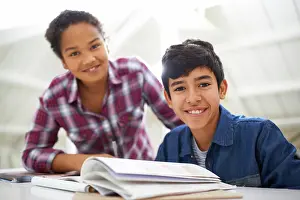 Notes Prints: Children, books and portrait with studying in home with smile