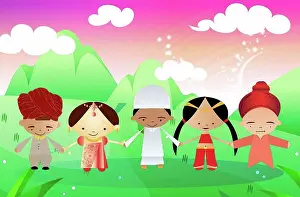 Joining Prints: Children of different religions joining hands, illustration