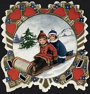 Coniferous Prints: Children Sledding Postcard Private Collection