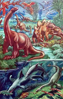 Prehistoric Prints: Children's book illustration dated 1930: dinosaurs and marine animals